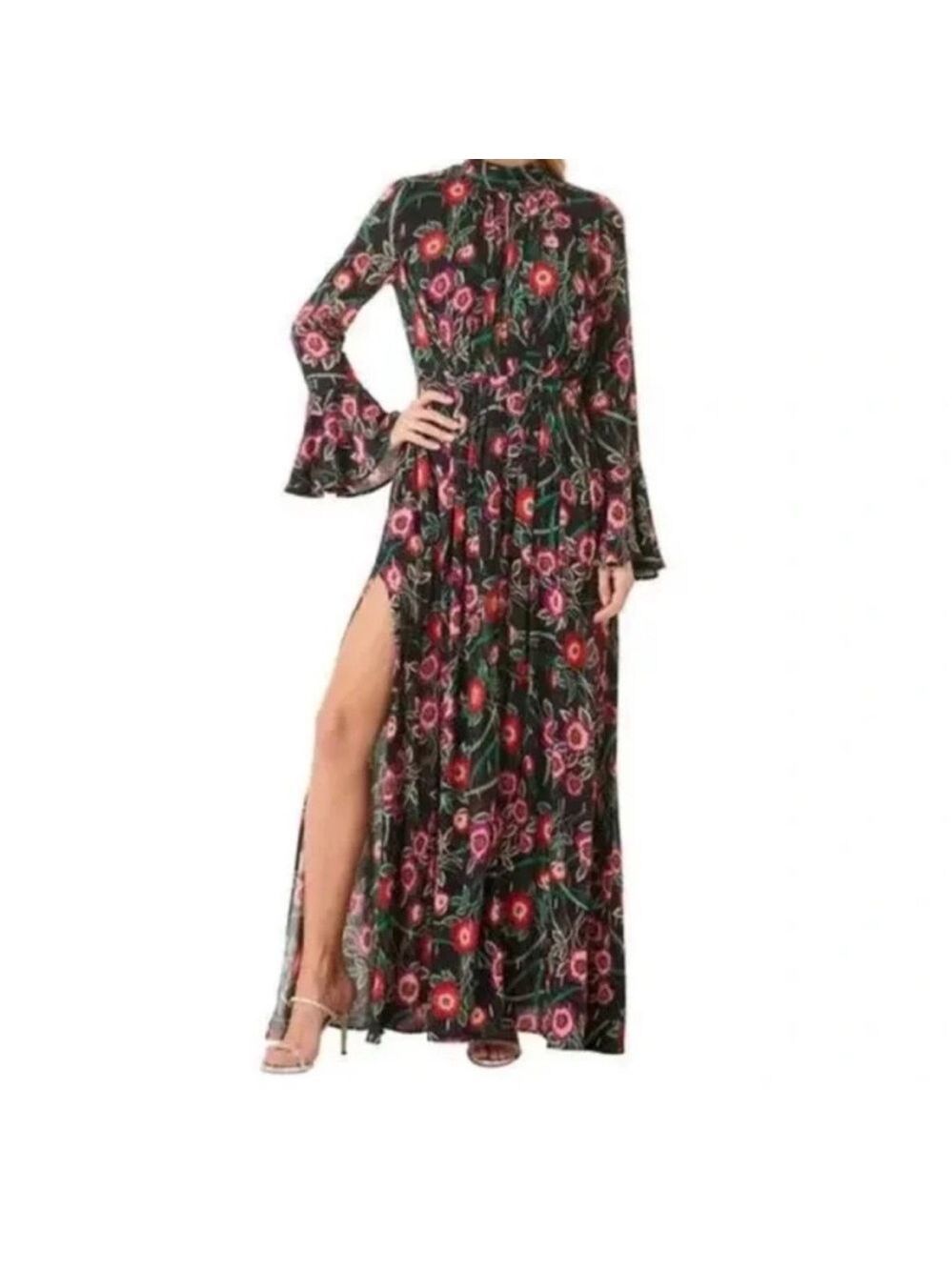 Misa Los Angeles Kora Black Floral Long Sleeve Backless Maxi Dress Size Small